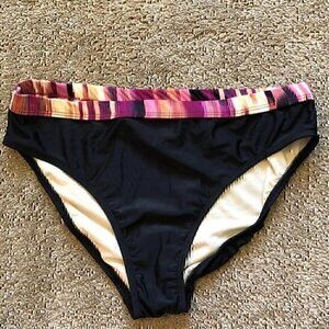 NEW NWOT 24TH OCEAN Black Purple Cream ish Stripe Bikini Swimsuit Bottom Large L